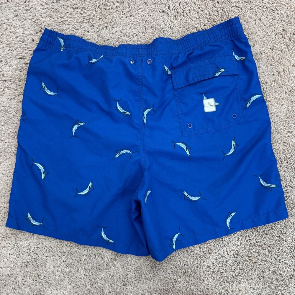 Alex Cannon Swim Trunks Men L Marlin Print Quick Dry Blue Drawstring Swim Shorts